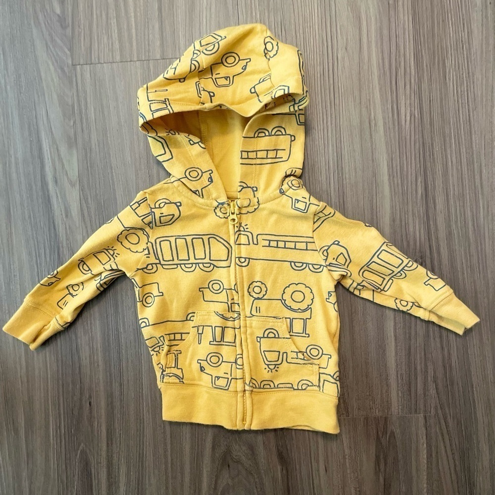 Carter's Yellow Zip-Up Hoodie with Playful Construction Trucks Print size 0-3M